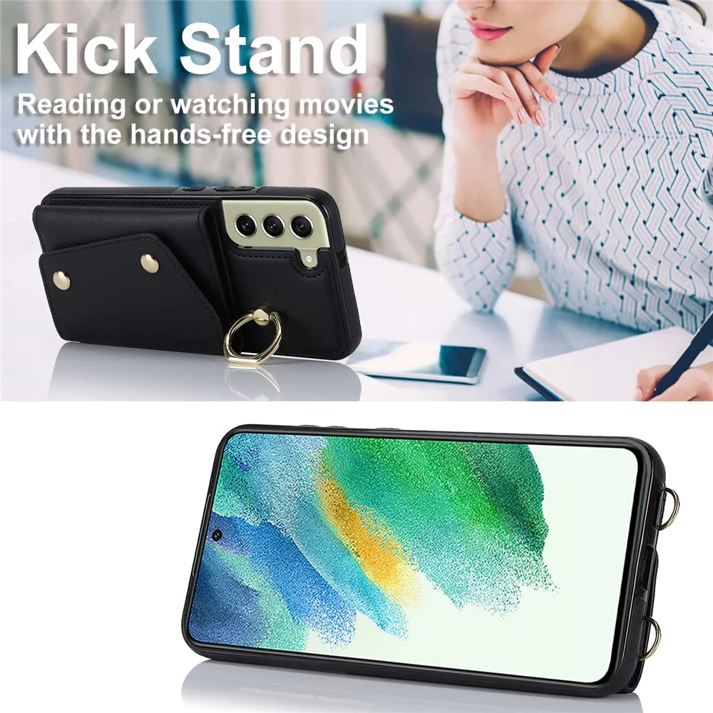 For Samsung Galaxy S21 FE 5G Zipper Wallet Crossbody Phone Case PU Leather Coated TPU Kickstand Cover - Black - 3