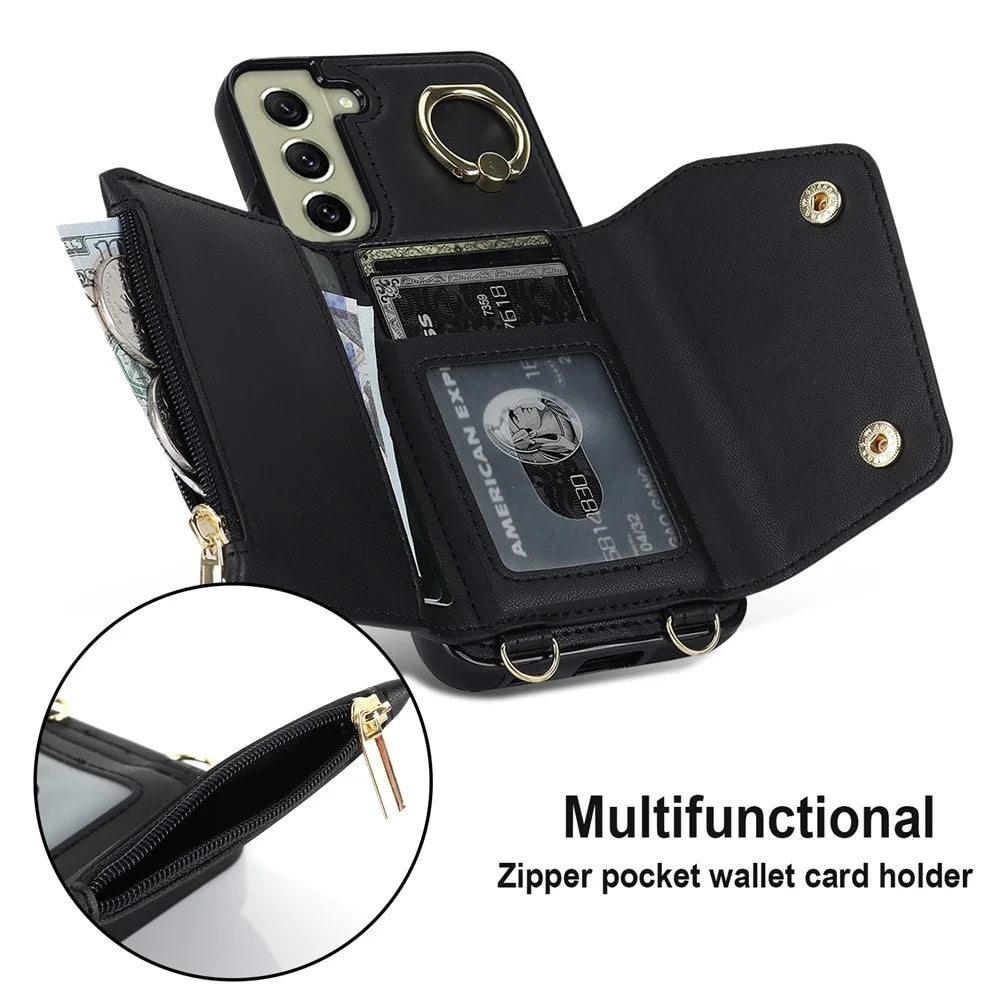 For Samsung Galaxy S21 FE 5G Zipper Wallet Crossbody Phone Case PU Leather Coated TPU Kickstand Cover - Black - 5