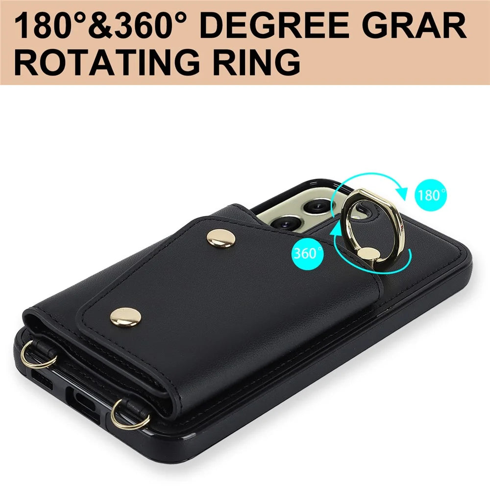 For Samsung Galaxy S21 FE 5G Zipper Wallet Crossbody Phone Case PU Leather Coated TPU Kickstand Cover - Black - 6