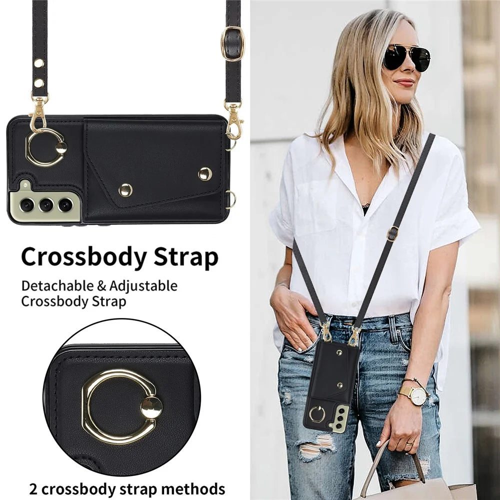 For Samsung Galaxy S21 FE 5G Zipper Wallet Crossbody Phone Case PU Leather Coated TPU Kickstand Cover - Black - 7