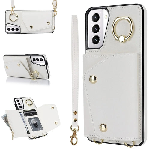 For Samsung Galaxy S21 4G / 5G Kickstand Case Zipper Wallet PU Leather Coated TPU Crossbody Phone Cover - White - 1