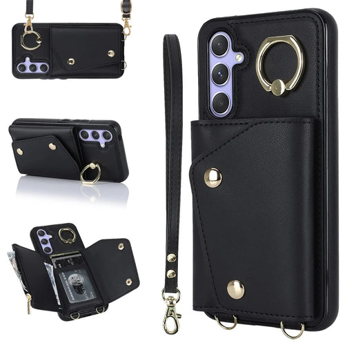 For Samsung Galaxy A54 5G Zipper Wallet Leather Coated TPU Case Rotary Ring Kickstand Phone Cover - Black - 1