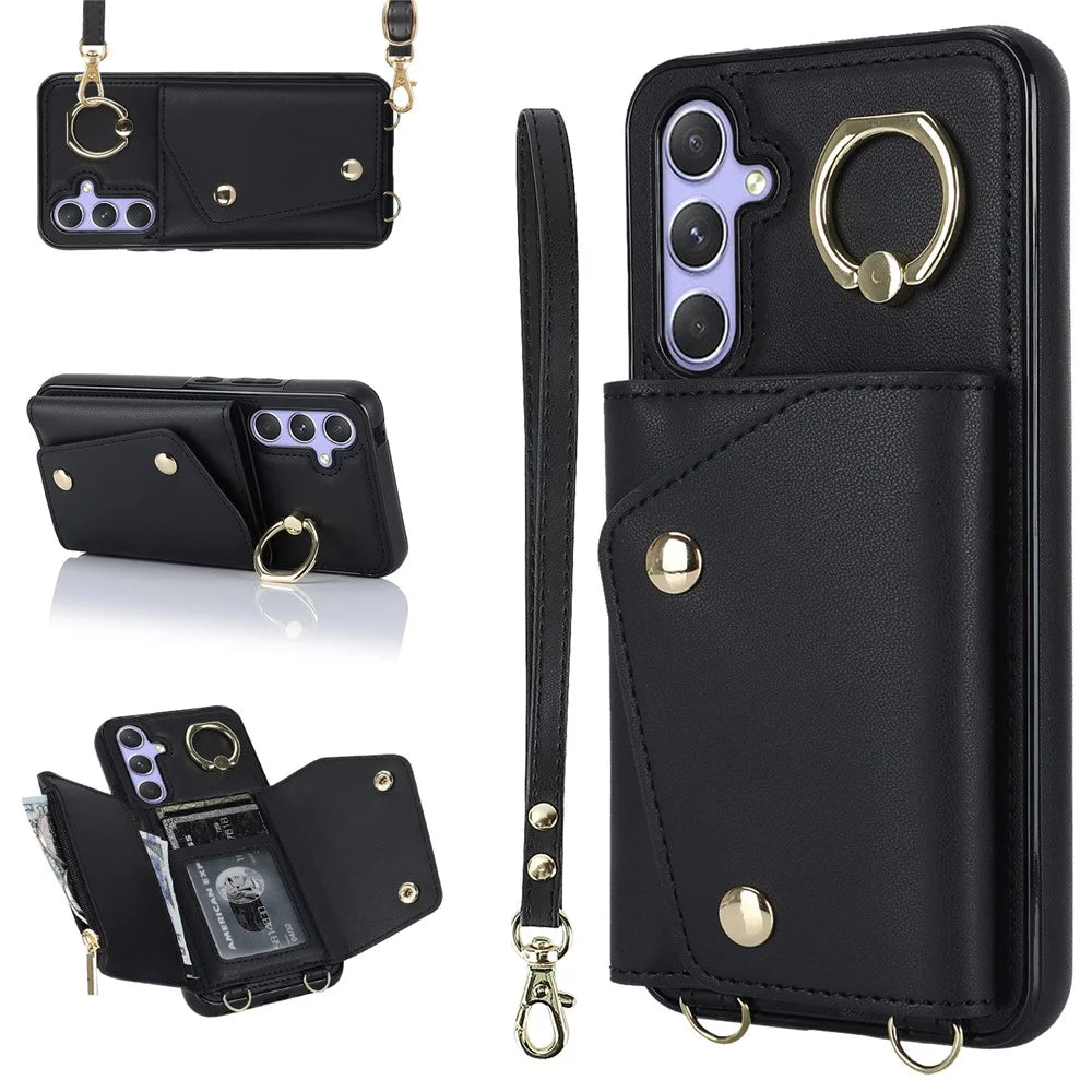 For Samsung Galaxy A54 5G Zipper Wallet Leather Coated TPU Case Rotary Ring Kickstand Phone Cover - Black - 1