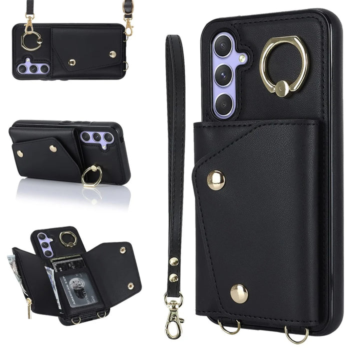 For Samsung Galaxy A54 5G Zipper Wallet Leather Coated TPU Case Rotary Ring Kickstand Phone Cover - Black - 1