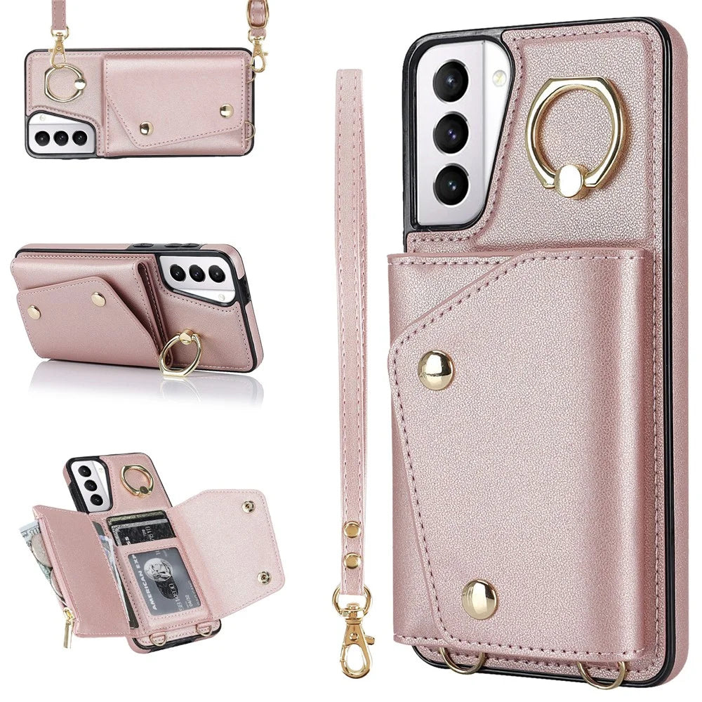 For Samsung Galaxy S21+ 5G Zipper Wallet Ring Kickstand Case PU Leather Coated TPU Phone Cover - Rose Gold - 1