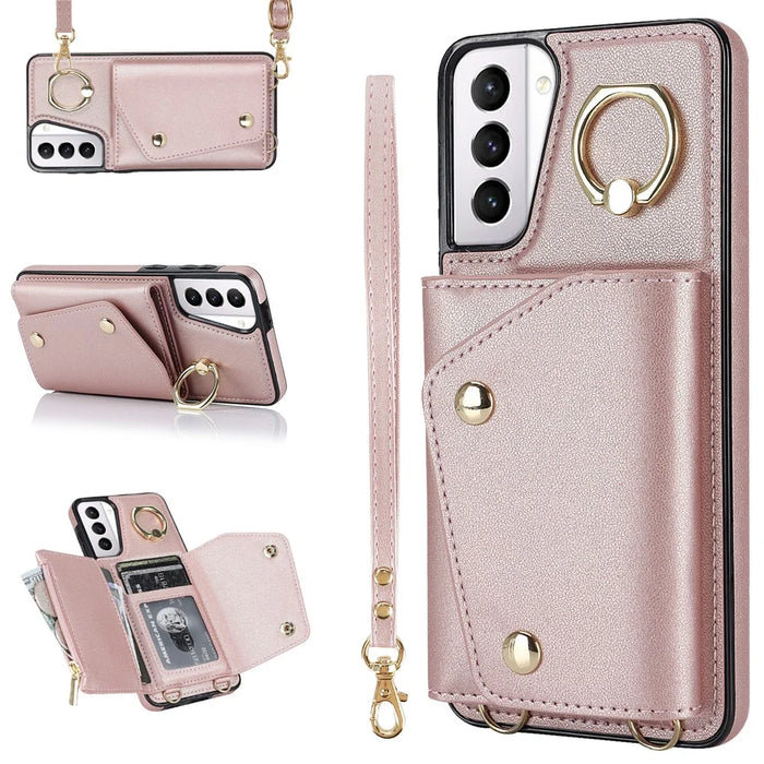 For Samsung Galaxy S21+ 5G Zipper Wallet Ring Kickstand Case PU Leather Coated TPU Phone Cover - Rose Gold - 1