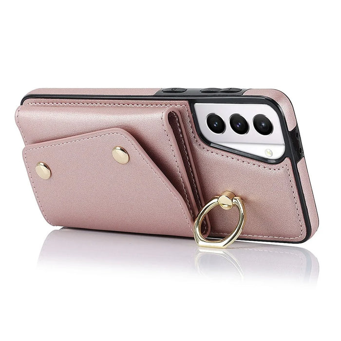 For Samsung Galaxy S21+ 5G Zipper Wallet Ring Kickstand Case PU Leather Coated TPU Phone Cover - Rose Gold - 3