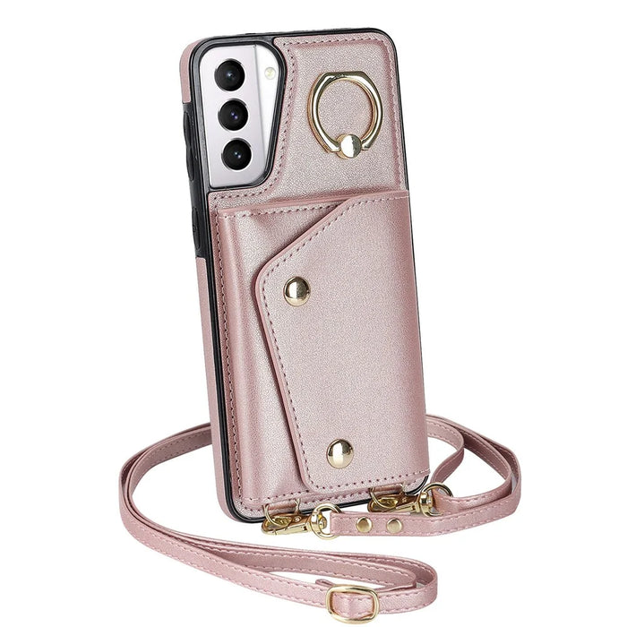 For Samsung Galaxy S21+ 5G Zipper Wallet Ring Kickstand Case PU Leather Coated TPU Phone Cover - Rose Gold - 4