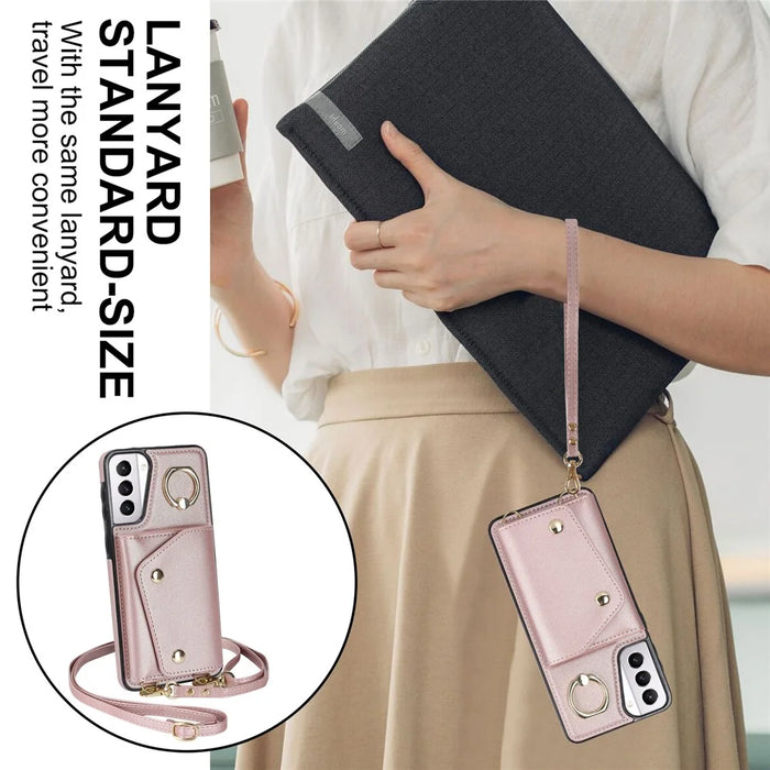 For Samsung Galaxy S21+ 5G Zipper Wallet Ring Kickstand Case PU Leather Coated TPU Phone Cover - Rose Gold - 5