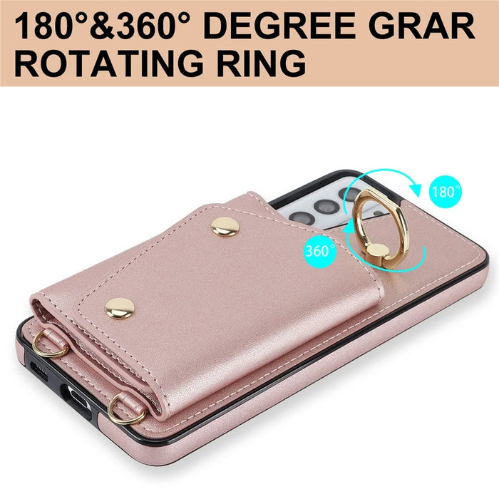 For Samsung Galaxy S21+ 5G Zipper Wallet Ring Kickstand Case PU Leather Coated TPU Phone Cover - Rose Gold - 6