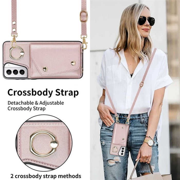 For Samsung Galaxy S21+ 5G Zipper Wallet Ring Kickstand Case PU Leather Coated TPU Phone Cover - Rose Gold - 7