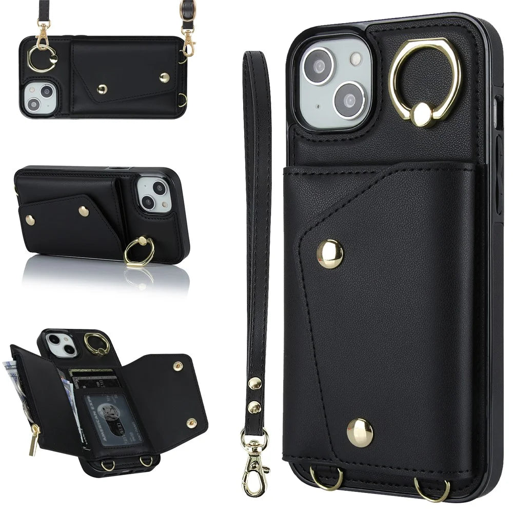 For iPhone 12 mini Leather Coated TPU Phone Kickstand Case Zipper Wallet Crossbody Phone Cover - Black - 1