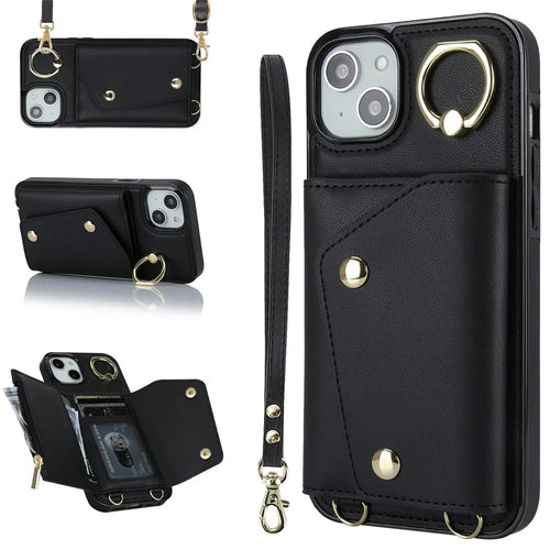 For iPhone 12 mini Leather Coated TPU Phone Kickstand Case Zipper Wallet Crossbody Phone Cover - Black - 1