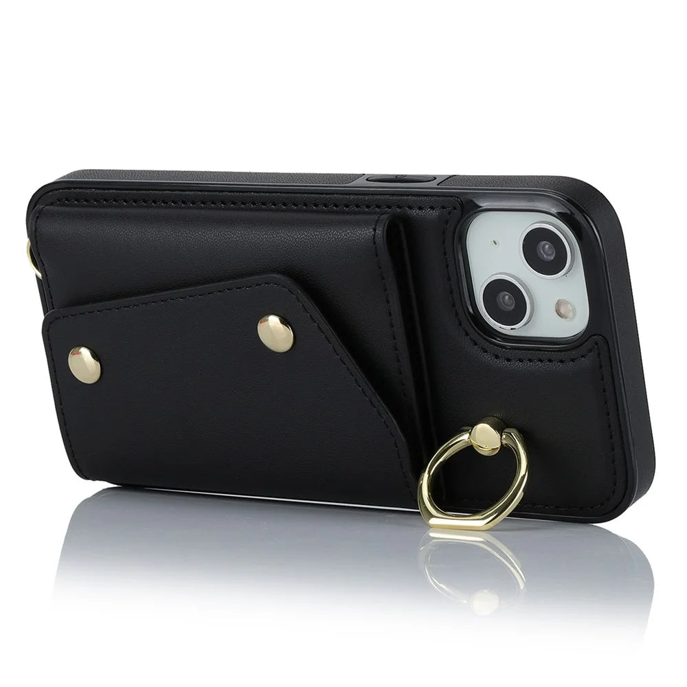 For iPhone 12 mini Leather Coated TPU Phone Kickstand Case Zipper Wallet Crossbody Phone Cover - Black - 3
