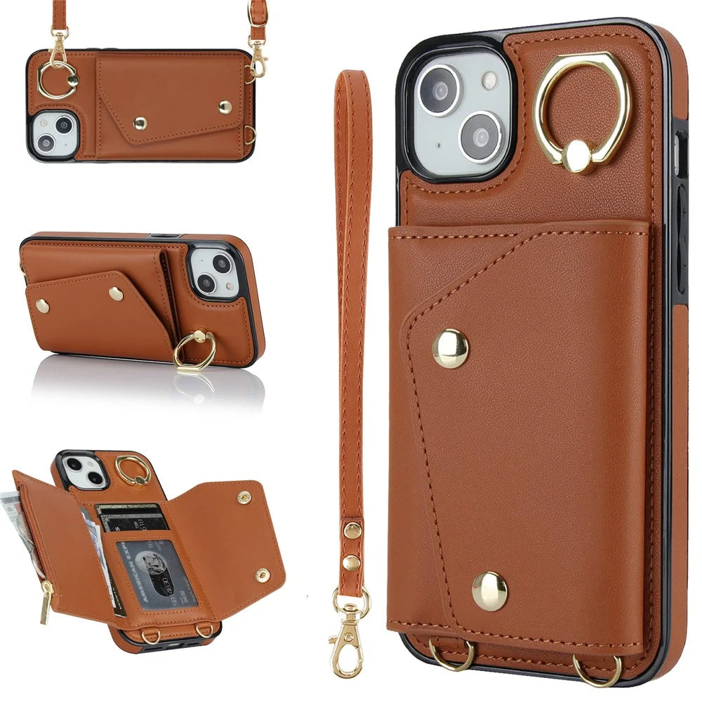 Ring Kickstand Case for iPhone 14 Plus Zipper Wallet PU Leather Coated TPU Mobile Phone Cover - Brown - 1
