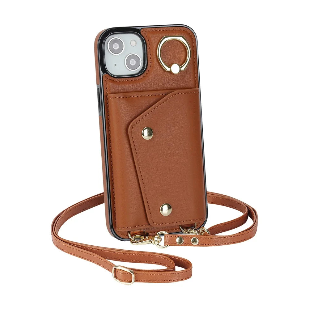 Ring Kickstand Case for iPhone 14 Plus Zipper Wallet PU Leather Coated TPU Mobile Phone Cover - Brown - 2
