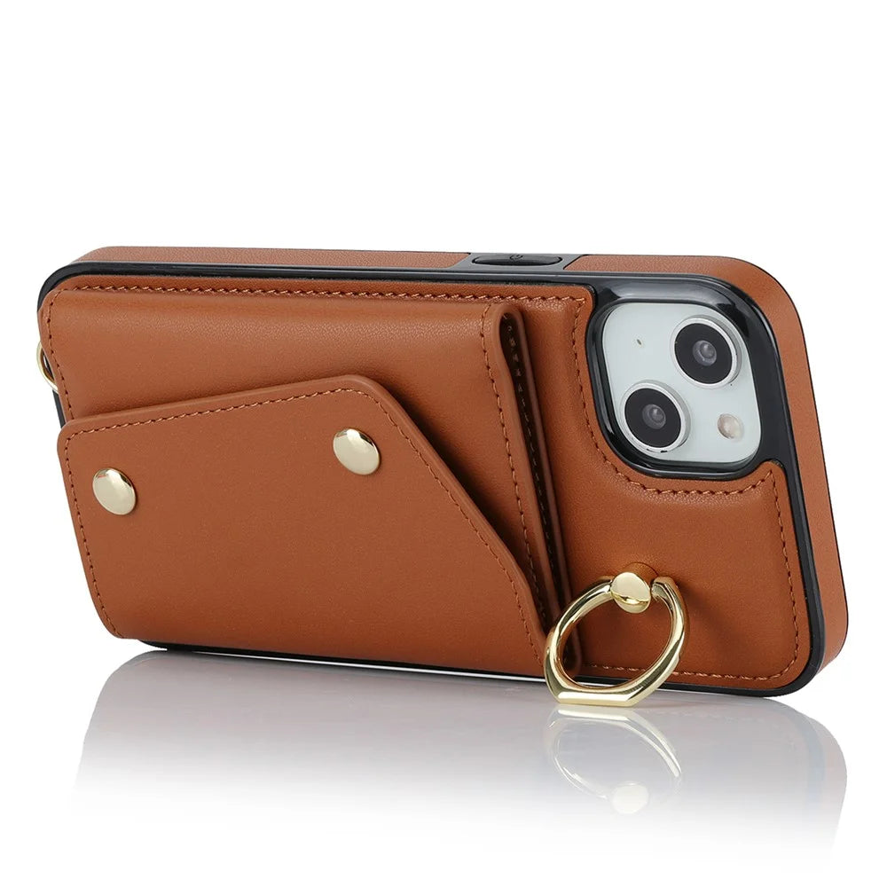 Ring Kickstand Case for iPhone 14 Plus Zipper Wallet PU Leather Coated TPU Mobile Phone Cover - Brown - 3