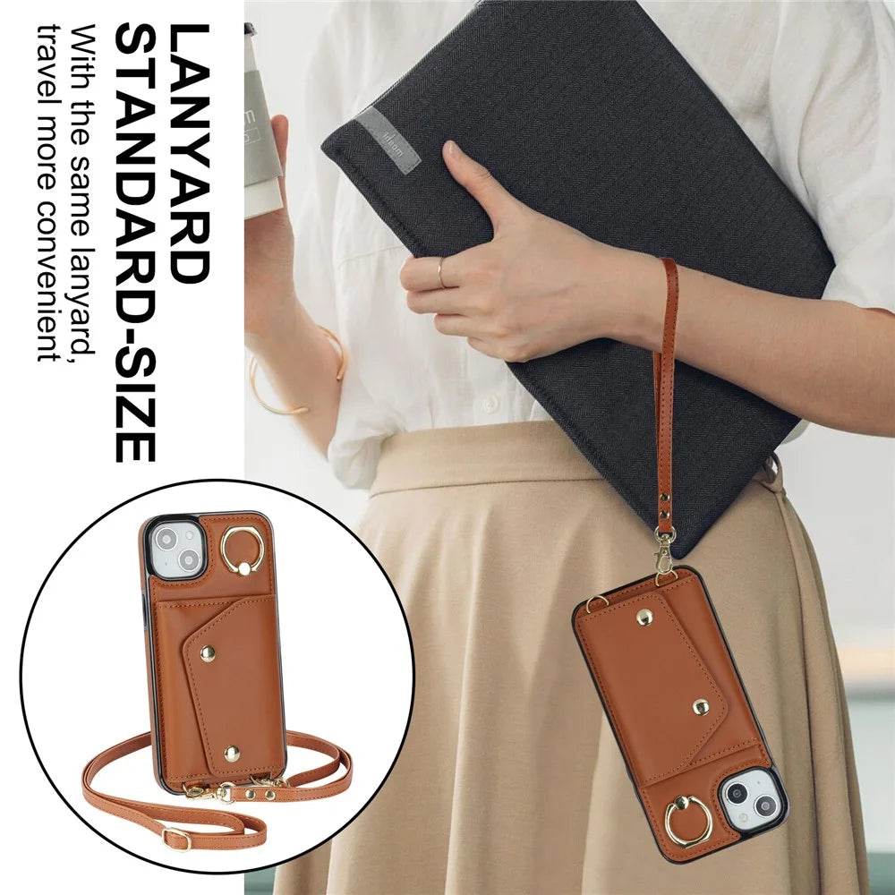 Ring Kickstand Case for iPhone 14 Plus Zipper Wallet PU Leather Coated TPU Mobile Phone Cover - Brown - 5
