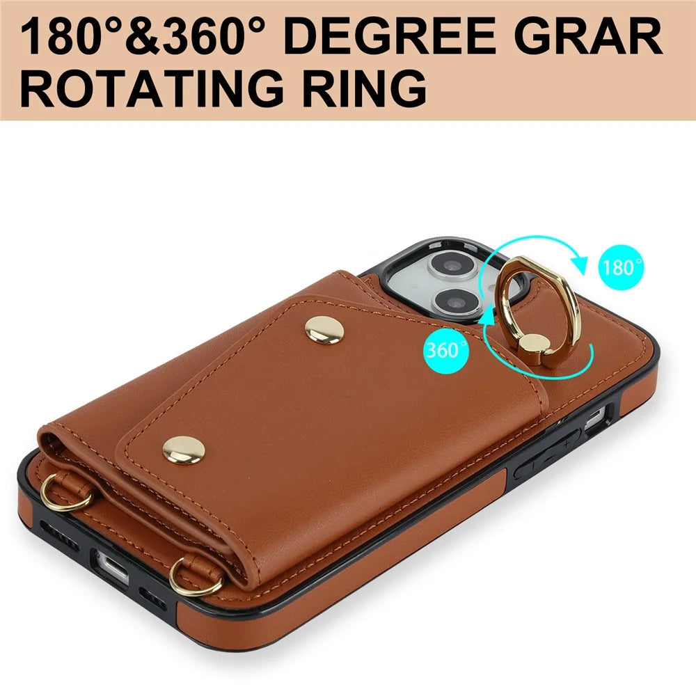 Ring Kickstand Case for iPhone 14 Plus Zipper Wallet PU Leather Coated TPU Mobile Phone Cover - Brown - 6