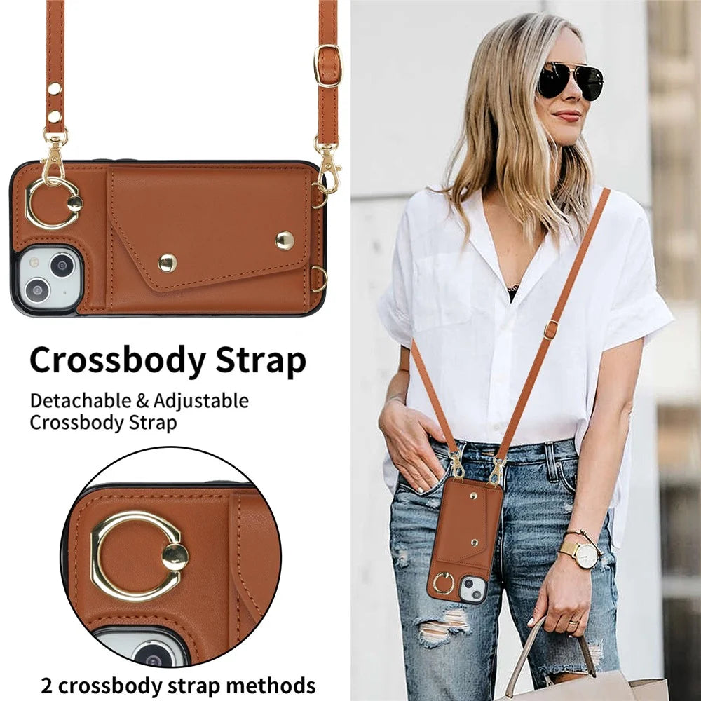 Ring Kickstand Case for iPhone 14 Plus Zipper Wallet PU Leather Coated TPU Mobile Phone Cover - Brown - 7