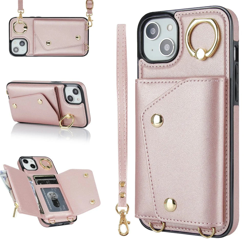 Zipper Wallet Phone Cover for iPhone 13 mini PU Leather Coated TPU Rotary Ring Kickstand Phone Case - Rose Gold - 1