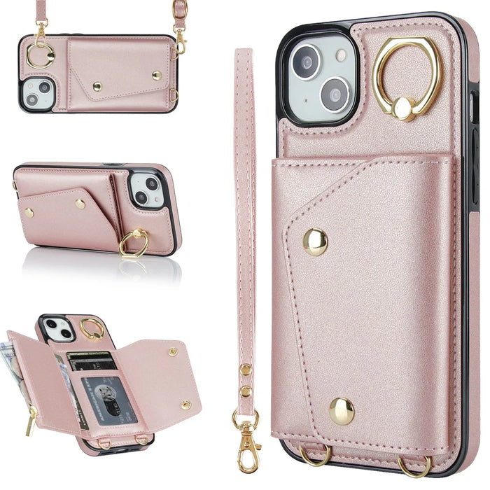 Zipper Wallet Phone Cover for iPhone 13 mini PU Leather Coated TPU Rotary Ring Kickstand Phone Case - Rose Gold - 1