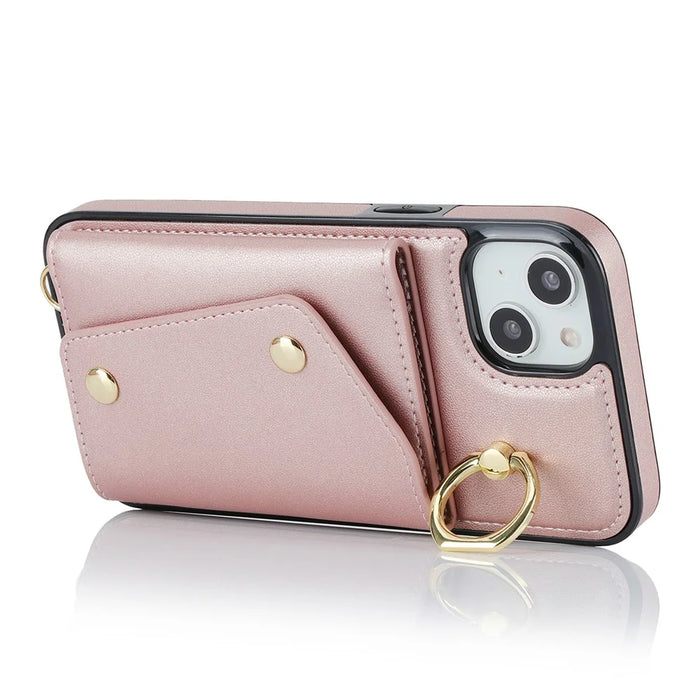 Zipper Wallet Phone Cover for iPhone 13 mini PU Leather Coated TPU Rotary Ring Kickstand Phone Case - Rose Gold - 3
