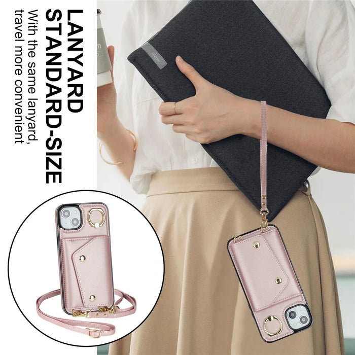 Zipper Wallet Phone Cover for iPhone 13 mini PU Leather Coated TPU Rotary Ring Kickstand Phone Case - Rose Gold - 5