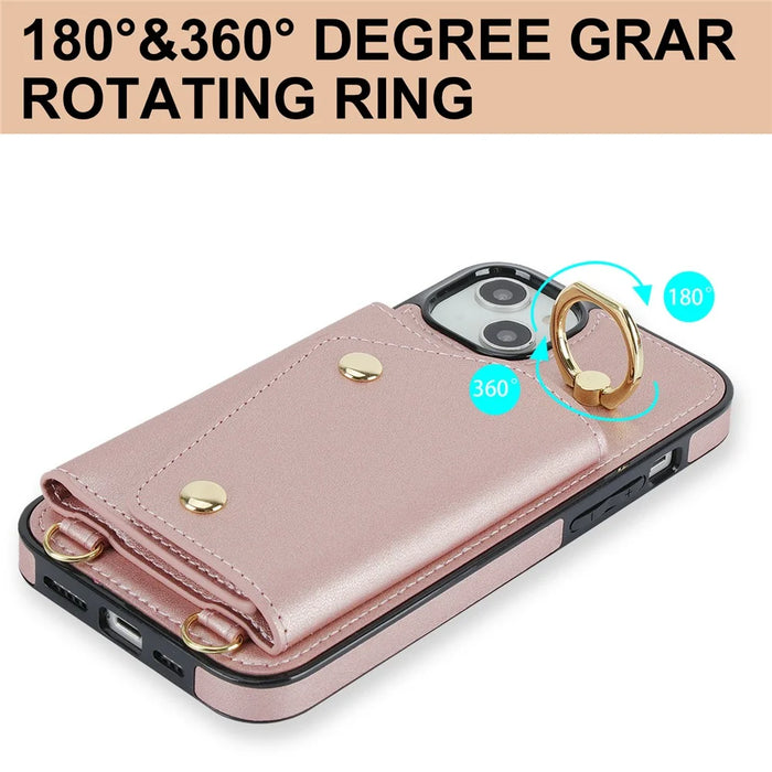 Zipper Wallet Phone Cover for iPhone 13 mini PU Leather Coated TPU Rotary Ring Kickstand Phone Case - Rose Gold - 6