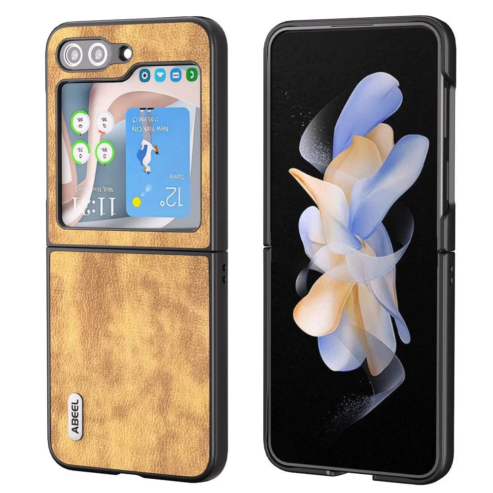 ABEEL For Samsung Galaxy Z Flip5 5G Retro Litchi Texture Phone Case PU Leather Coated PC Protective Cover - Brown - 1