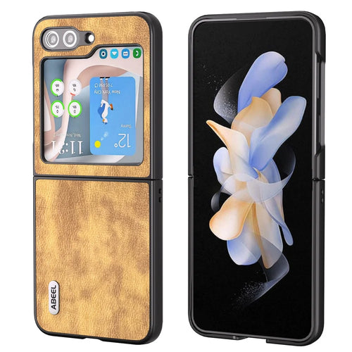 ABEEL For Samsung Galaxy Z Flip5 5G Retro Litchi Texture Phone Case PU Leather Coated PC Protective Cover - Brown - 1
