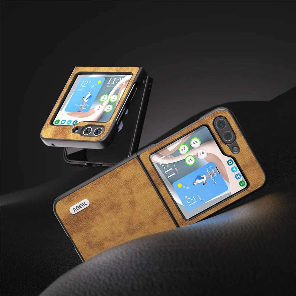 ABEEL For Samsung Galaxy Z Flip5 5G Retro Litchi Texture Phone Case PU Leather Coated PC Protective Cover - Brown - 2