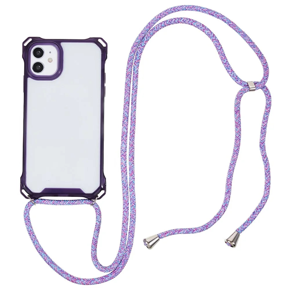 For iPhone 11 Clear Acrylic + TPU Phone Case Four Corners Shock Absorption Cover with Lanyard - Purple Frame - 1