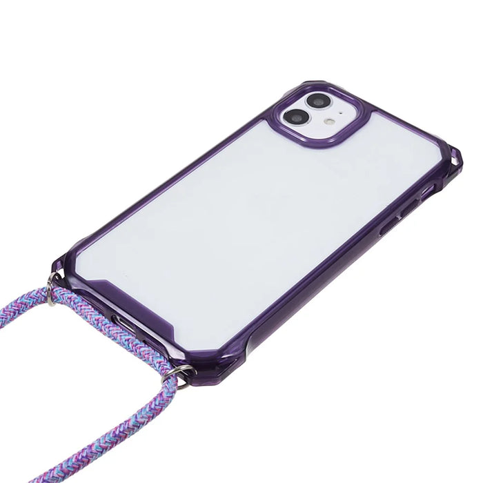For iPhone 11 Clear Acrylic + TPU Phone Case Four Corners Shock Absorption Cover with Lanyard - Purple Frame - 2