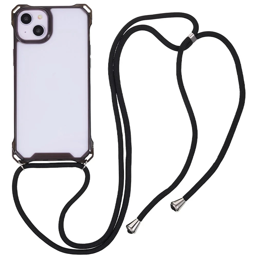 For iPhone 14 / 13 Clear Phone Case Acrylic+TPU Four Corner Anti Drop Cover with Lanyard - Black Frame - 1