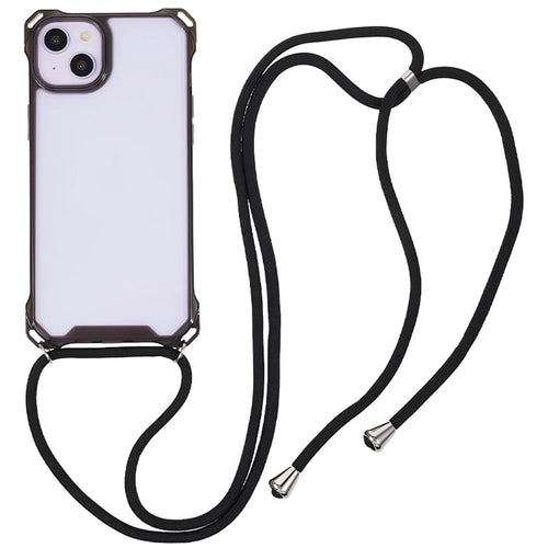 For iPhone 14 / 13 Clear Phone Case Acrylic+TPU Four Corner Anti Drop Cover with Lanyard - Black Frame - 1