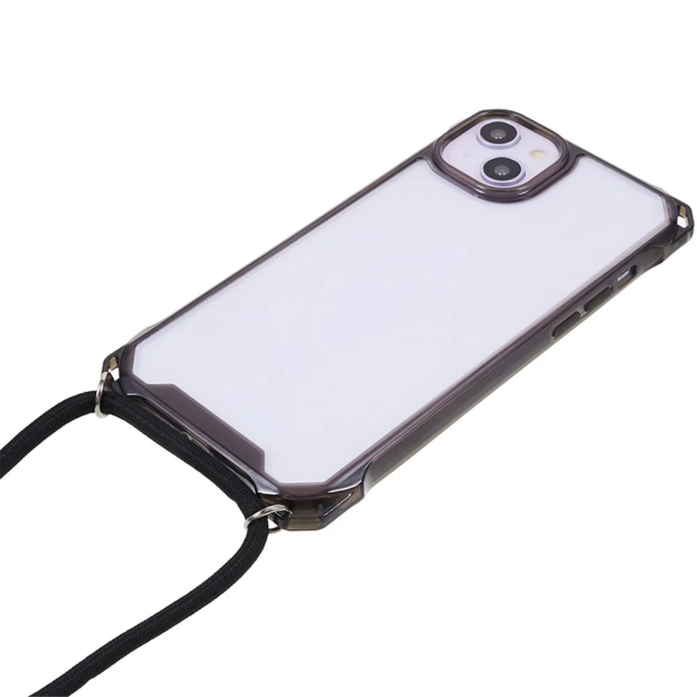 For iPhone 14 / 13 Clear Phone Case Acrylic+TPU Four Corner Anti Drop Cover with Lanyard - Black Frame - 2