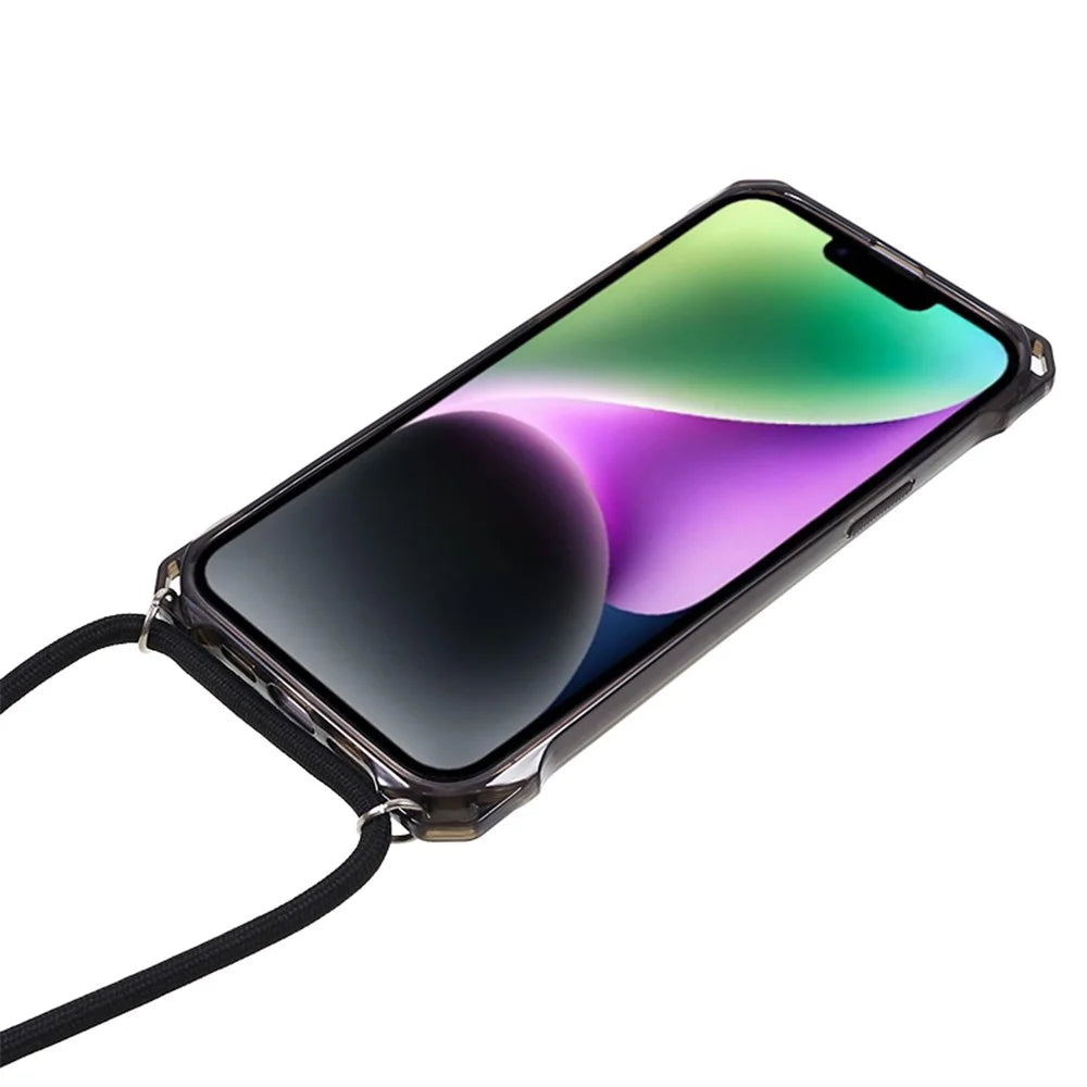 For iPhone 14 / 13 Clear Phone Case Acrylic+TPU Four Corner Anti Drop Cover with Lanyard - Black Frame - 3