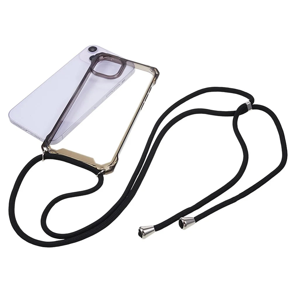 For iPhone 14 / 13 Clear Phone Case Acrylic+TPU Four Corner Anti Drop Cover with Lanyard - Black Frame - 4