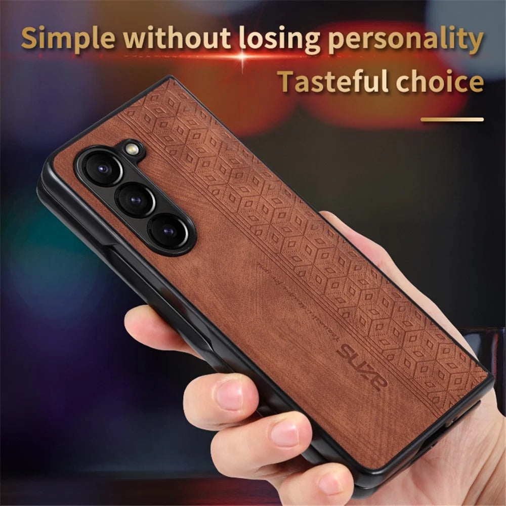 AZNS For Samsung Galaxy Z Fold5 5G Imprinted Phone Case PU Leather + PC Folding Phone Cover - Brown - 5