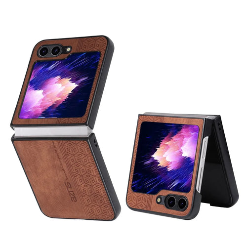 AZNS For Samsung Galaxy Z Flip5 5G Imprinted Pattern Phone Case PU Leather + Hard PC Thin Cover - Brown - 1