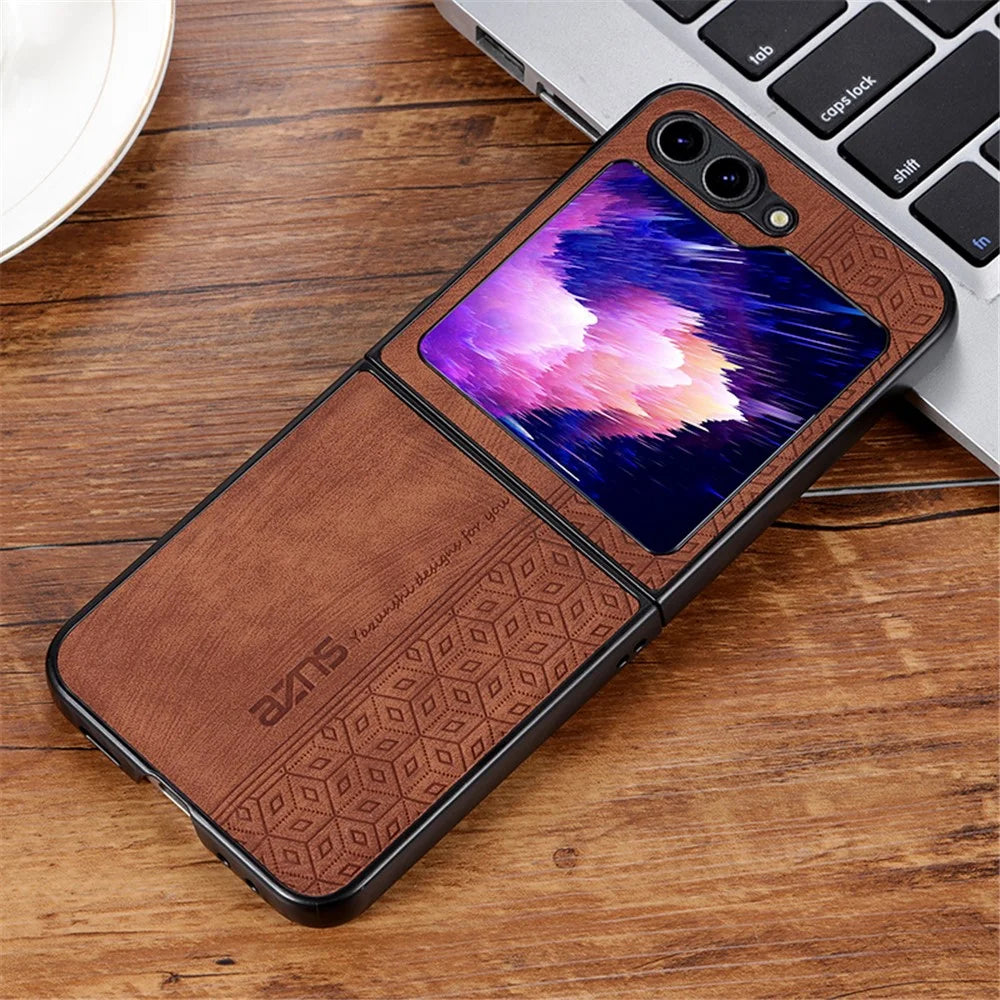 AZNS For Samsung Galaxy Z Flip5 5G Imprinted Pattern Phone Case PU Leather + Hard PC Thin Cover - Brown - 5