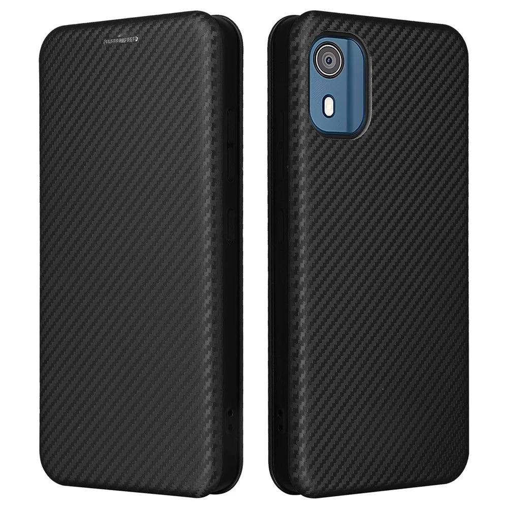 For Nokia C02 Card Holder PU Leather+TPU Phone Case Carbon Fiber Texture Stand Cover - Black - 1