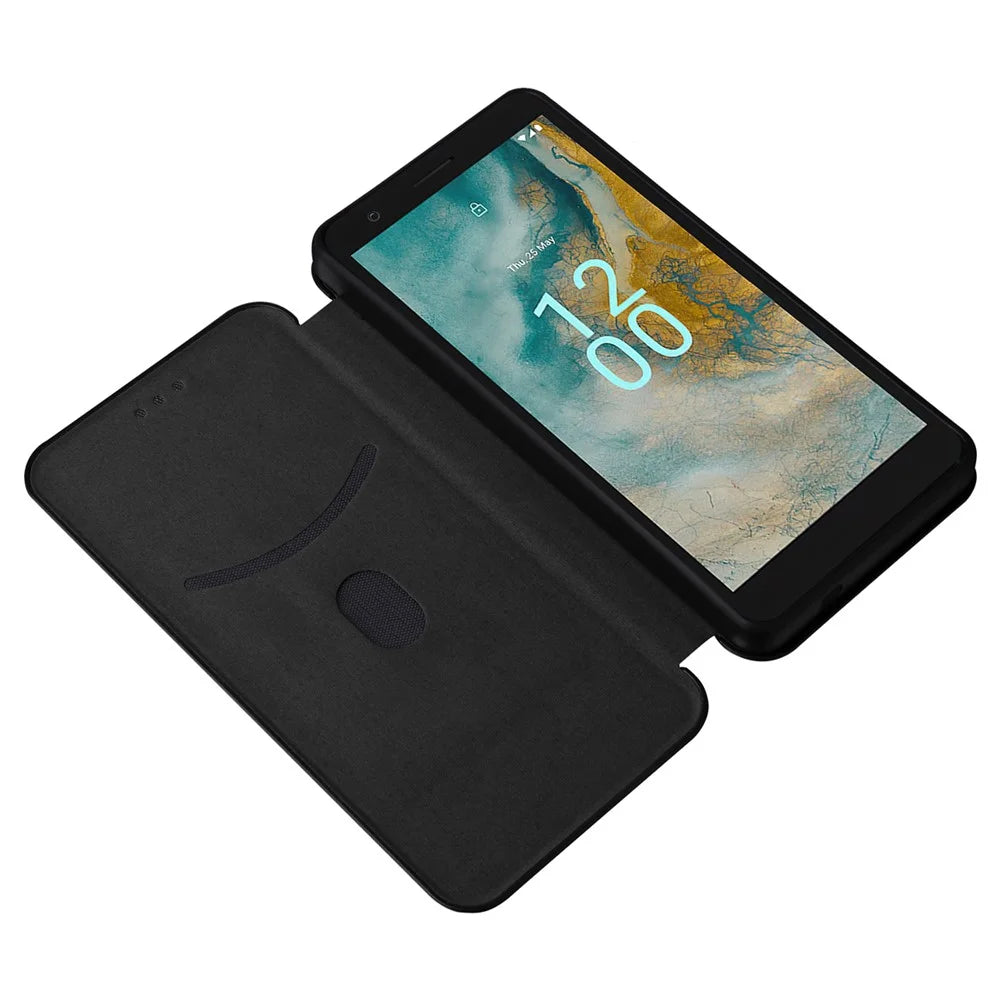 For Nokia C02 Card Holder PU Leather+TPU Phone Case Carbon Fiber Texture Stand Cover - Black - 2