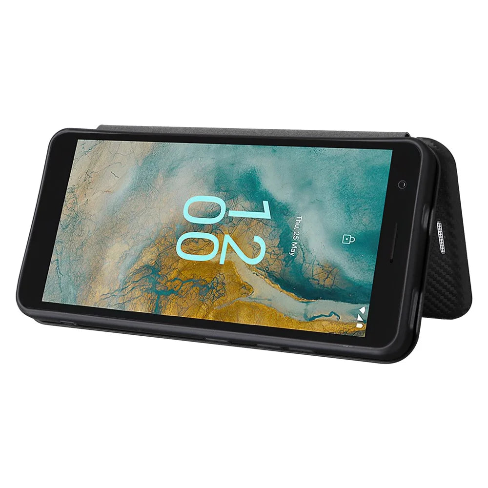 For Nokia C02 Card Holder PU Leather+TPU Phone Case Carbon Fiber Texture Stand Cover - Black - 3