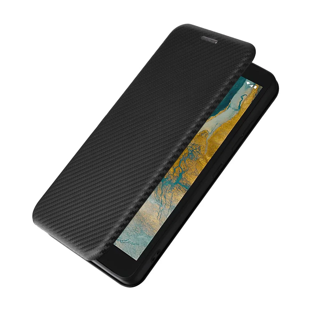 For Nokia C02 Card Holder PU Leather+TPU Phone Case Carbon Fiber Texture Stand Cover - Black - 4