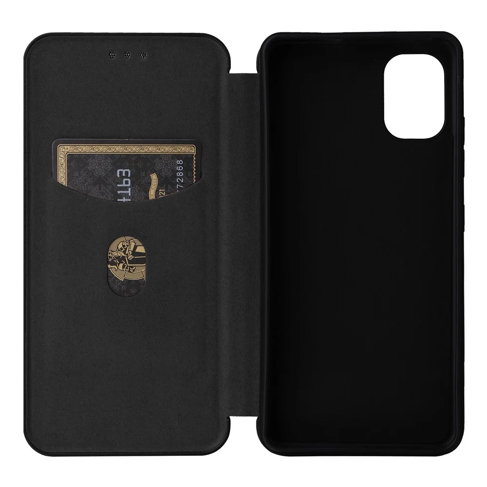 For Nokia C02 Card Holder PU Leather+TPU Phone Case Carbon Fiber Texture Stand Cover - Black - 5