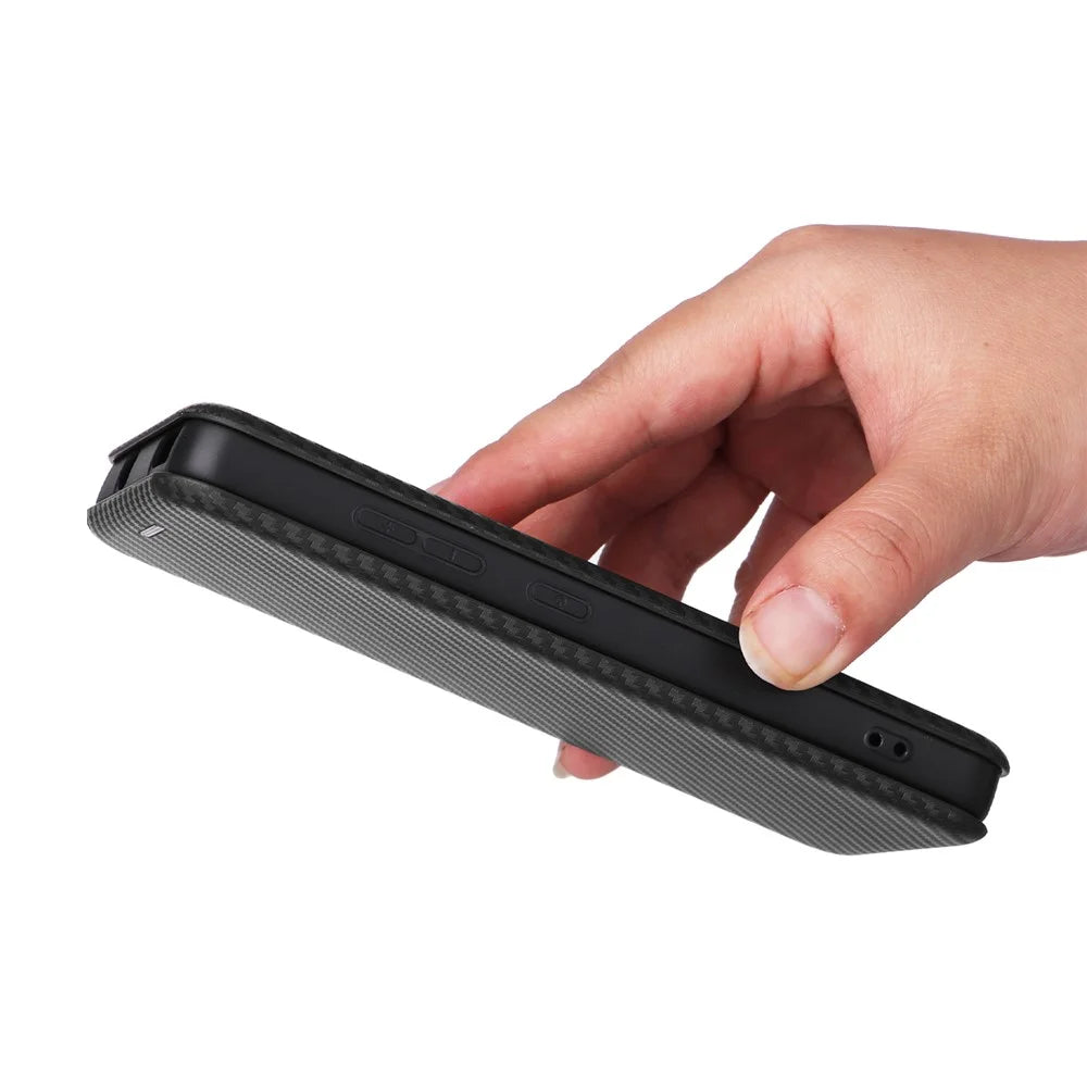 For Nokia C02 Card Holder PU Leather+TPU Phone Case Carbon Fiber Texture Stand Cover - Black - 6