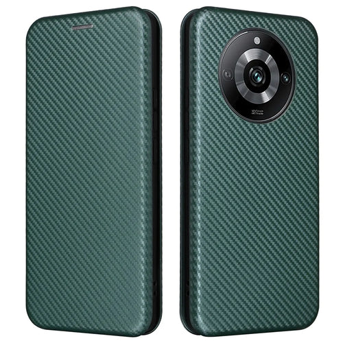 Leather Phone Case for Realme 11 Pro 5G / 11 Pro+ 5G Card Holder Carbon Fiber Texture Stand Cover - Green - 1