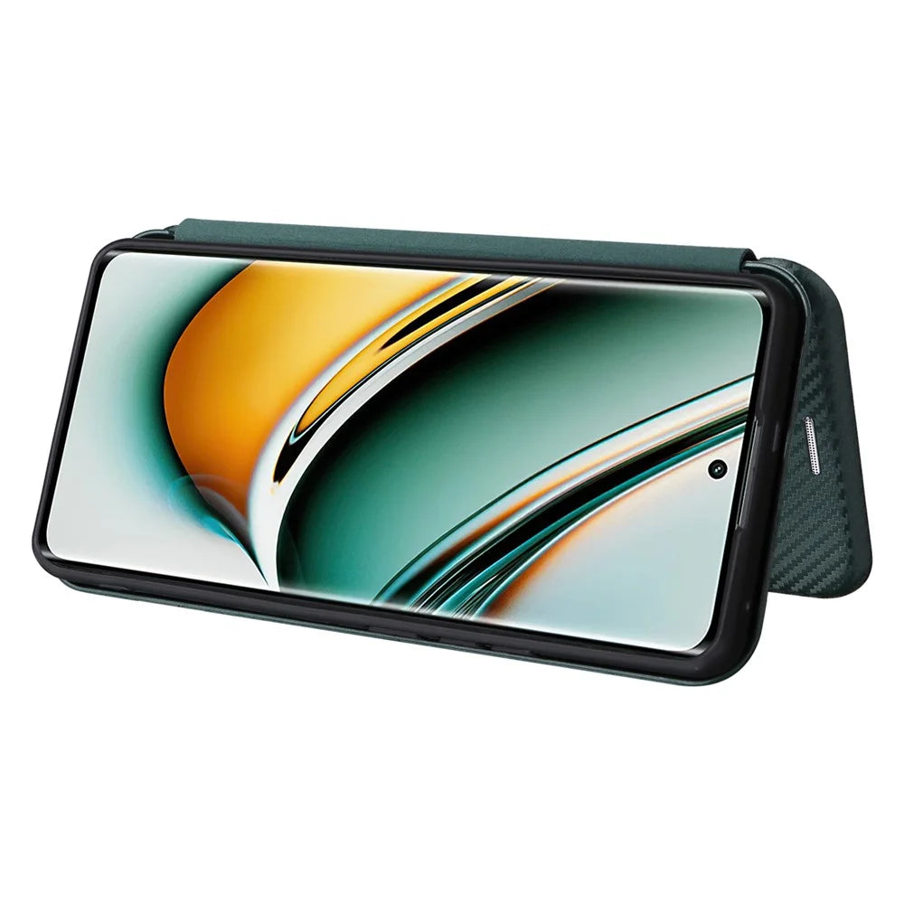 Leather Phone Case for Realme 11 Pro 5G / 11 Pro+ 5G Card Holder Carbon Fiber Texture Stand Cover - Green - 3